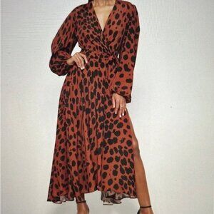 Megan Renee Drape Talia Maxi Dress Brown Black Animal Print High Slit Wrap Small
